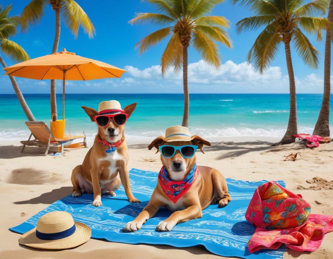 A vibrant beach scene featuring a variety of stylish pets in fashionable beachwear, such as sunglasses, hats, and colorful bandanas. Include sandy paw prints leading to a playful dog splashing in the waves, and a chic cat lounging on a beach towel with a sunhat. The background should showcase a bright blue sky and palm trees swaying in the breeze, capturing the essence of a fun beach day for pets. super-realistic. vibrant colors. sunny atmosphere.