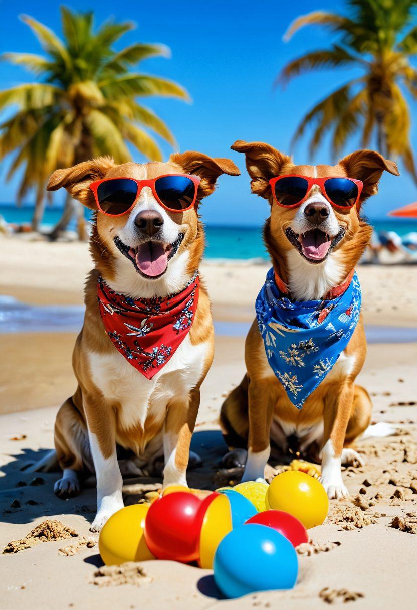 A playful scene at a sunny beach featuring happy dogs wearing stylish accessories like sunglasses, sun hats, and beach bandanas. Add colorful beach toys scattered around, and dogs splashing in the water. The background should have a bright blue ocean and a golden sandy shore with palm trees swaying in the breeze. Capture the joy and energy of the pups enjoying their day. vibrant colors. super-realistic.