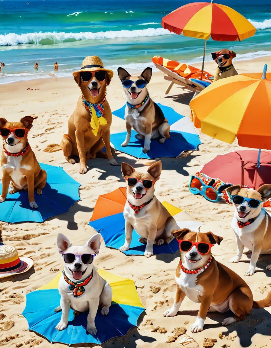 A sun-soaked beach scene featuring playful dogs in colorful swimwear, splashing in crystal-clear waves. Vibrant beach umbrellas and a soft sandy shore enhance the summer vibe, while cute accessories like sunglasses and hats add to the fun. In the background, families enjoy the sunny day, creating a lively atmosphere. super-realistic. vibrant colors. cheerful mood.
